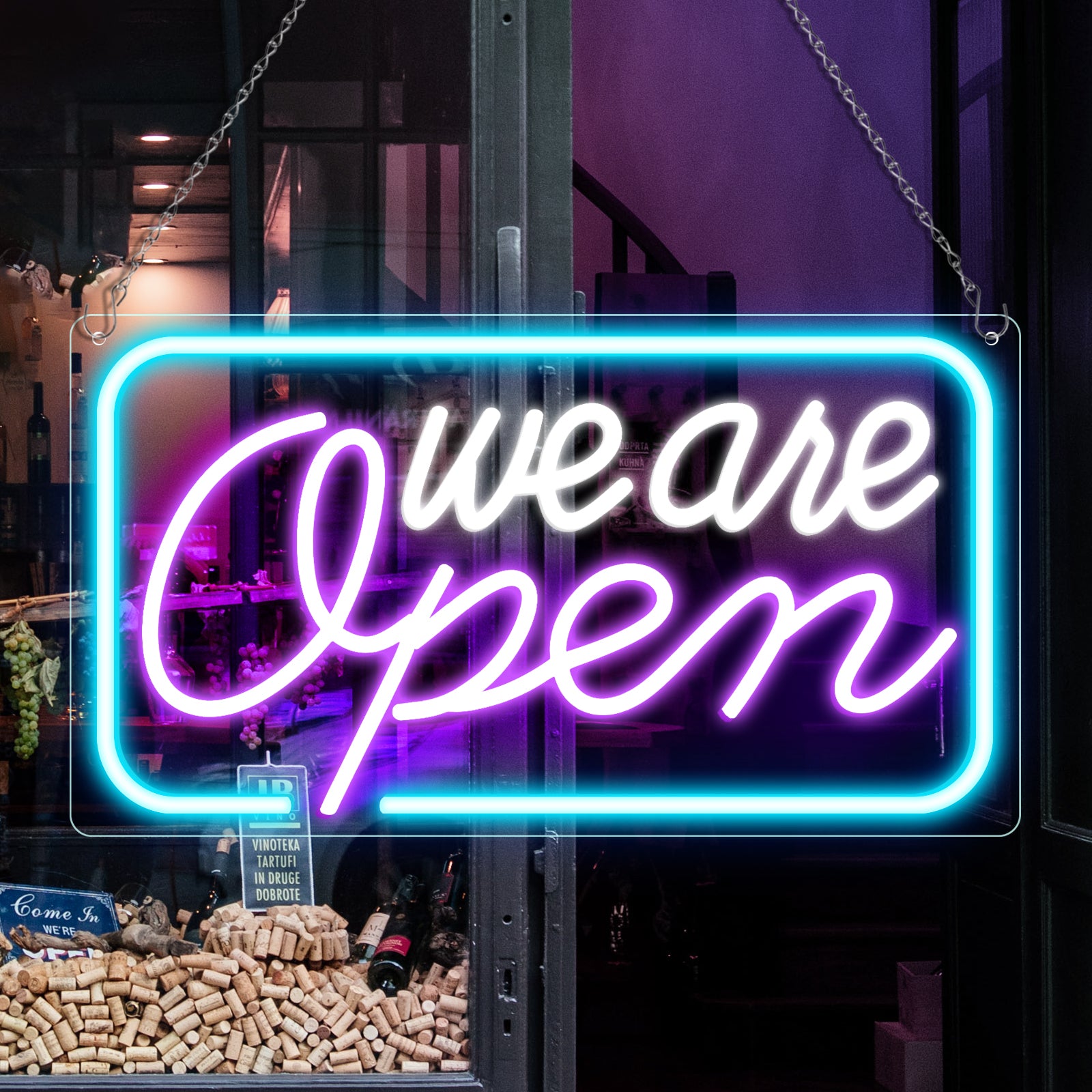 Wir haben geöffnet – Neonschild – 5 Leuchtfarbenoptionen | 42×23 cm (17×9 Zoll) | Fensteraufhängung | Plug & Play für Schaufenster