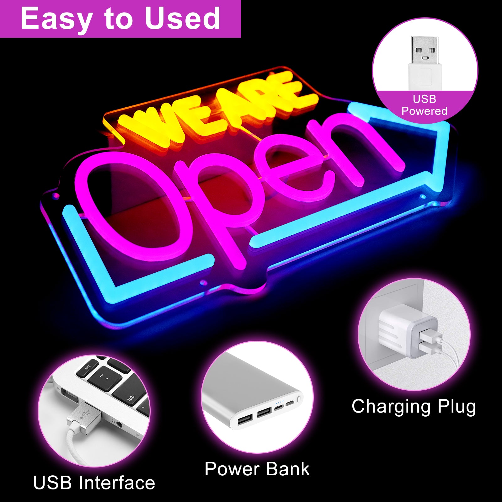 WE ARE OPEN Neon Sign – USB Powered | 16×8 inch (41×20 cm) | Arrow Shape LED Window Sign | 3 Color Combos for Storefront Display