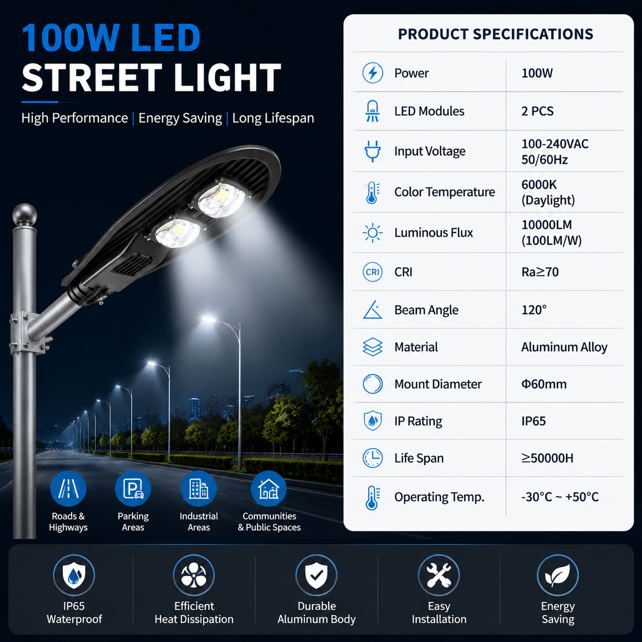 100W LED Street Light Outdoor Road Lamp with 2 High Brightness LED Modules, IP65 Waterproof Die-Cast Aluminum Housing, Energy Saving Parking Lot & Highway Lighting Fixture