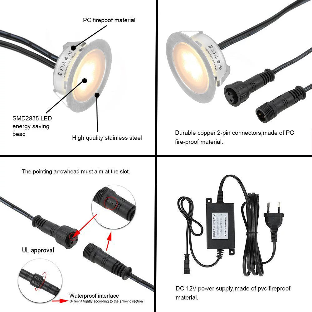 Lot de 8 spots LED d'extérieur encastrables, 3 W, DC12-24 V, IP67, antireflet, angle de 90 °, étanches, livraison gratuite