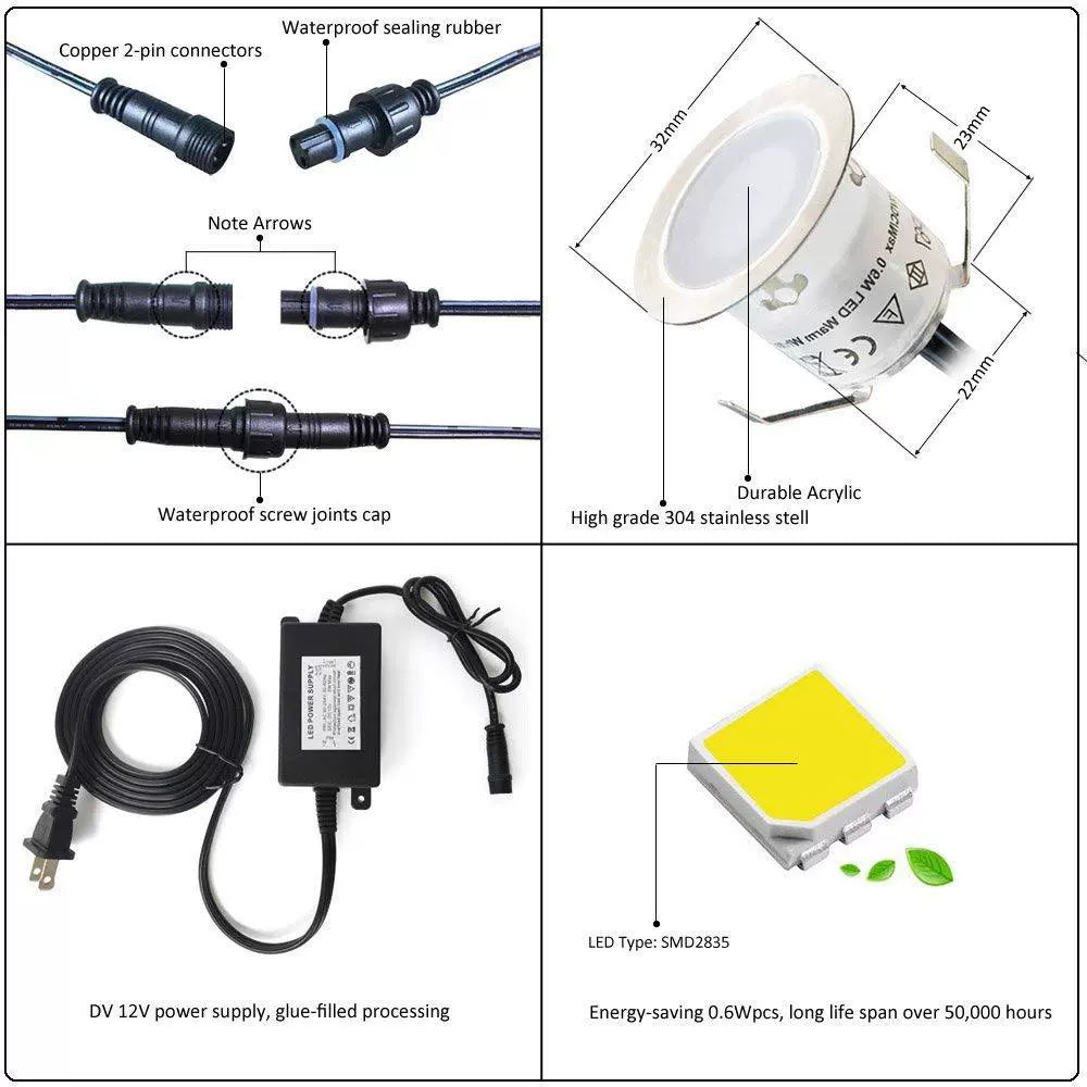 Lot de 16 spots LED encastrés pour terrasse, étanches IP67, pour jardin, cour, escaliers, salle de bain et cuisine