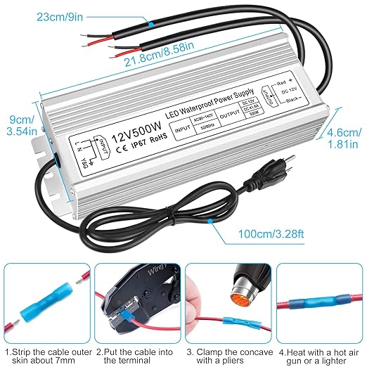 Wasserdichter 12-V-LED-Transformator, 90–140 V Eingang, 200 W–500 W, Einzel-/Doppelkabelausgang, CE/RoHS/FCC – US-Stecker und Kabeloptionen