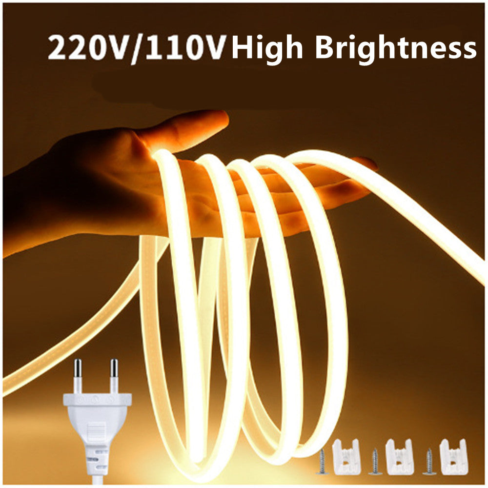AC110V / 220V COB Flexible LED Strip Light - 3000K / 6500K | IP65 Waterproof | Spotless High Brightness | Inline Power Switch | for Cabinets, Kitchen & Office Lighting | US / EU Plug | 5/50M
