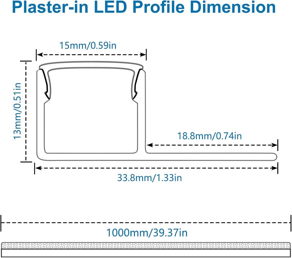Profilés LED en aluminium pour cloison sèche, à encastrer sur une face – Compatibles avec des bandes LED de 1 à 12 mm | Argent | Revêtement blanc laiteux | 1/2/3 mètres | Argent | Revêtement blanc laiteux | Lot de 50/100