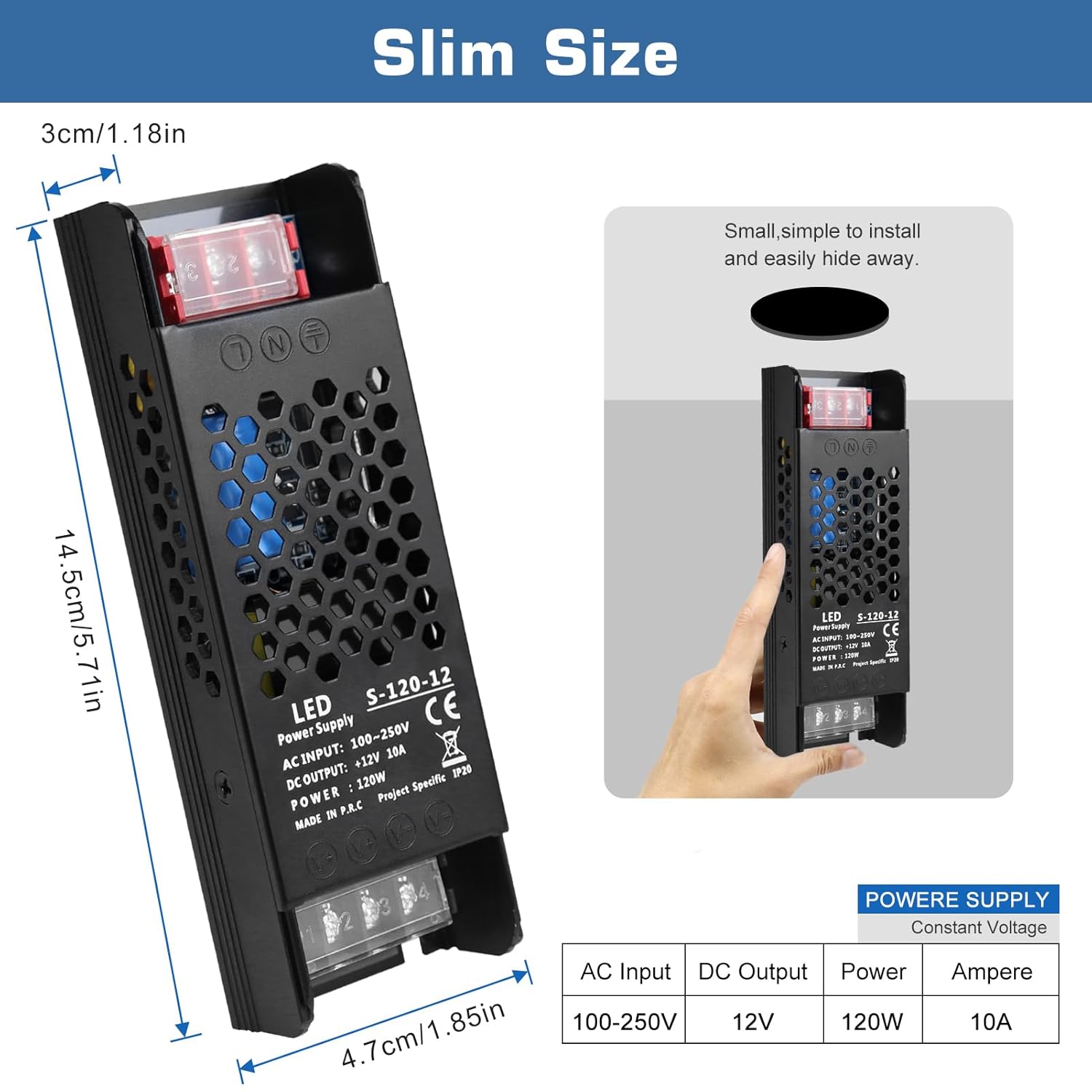 DC 12V/24V Slim Black Switching Power Supply 36W–200W, AC 110–250V Input, Narrow Type LED Transformer, Compact Metal Housing, CE/FCC/RoHS Certified