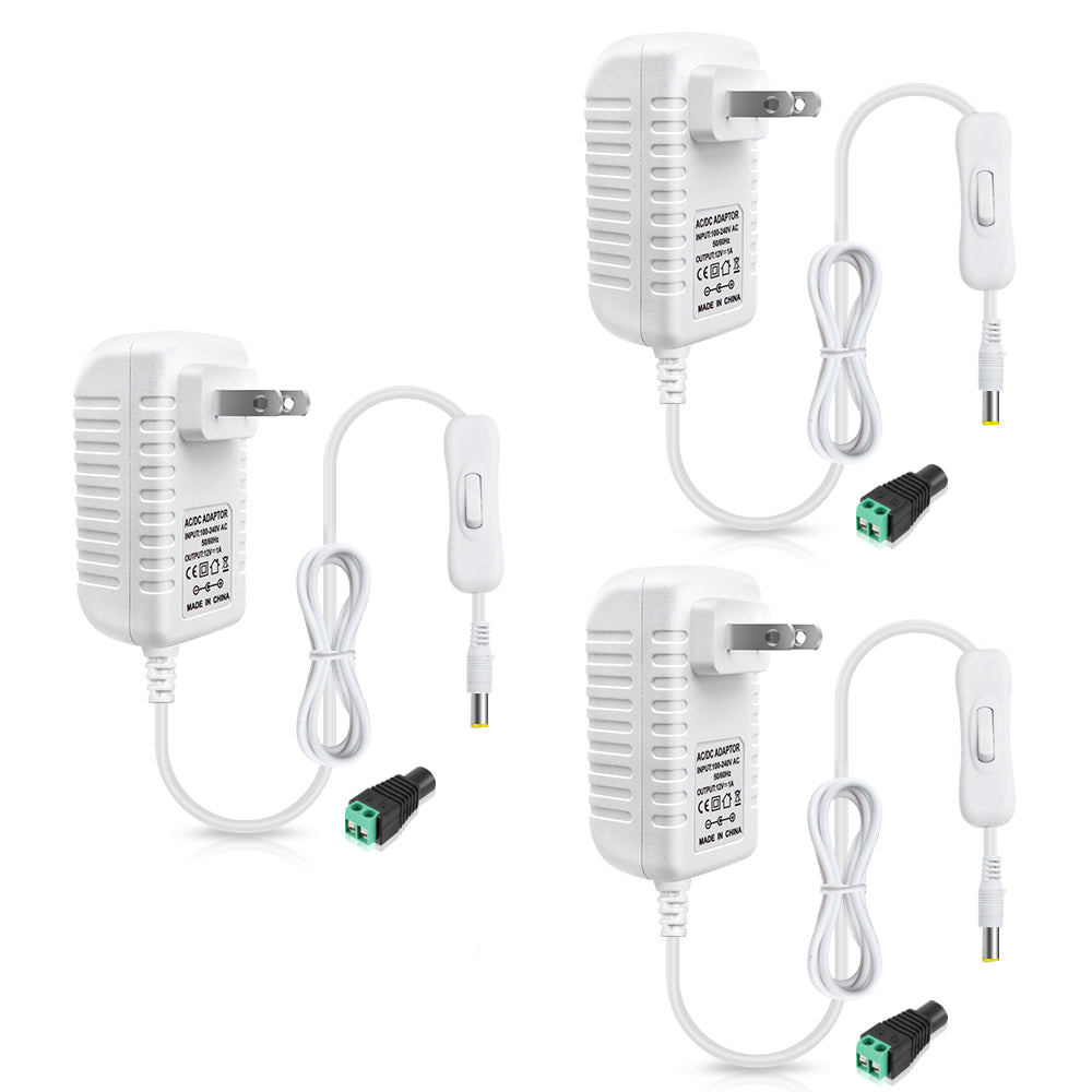 DC 12V Power Supply Adapter with On/Off Switch, 12W/24W/36W Options, US Plug, Black/White Housing, 100–240V AC Input, Wall Plug Charger for LED Strip Lights and Electronics