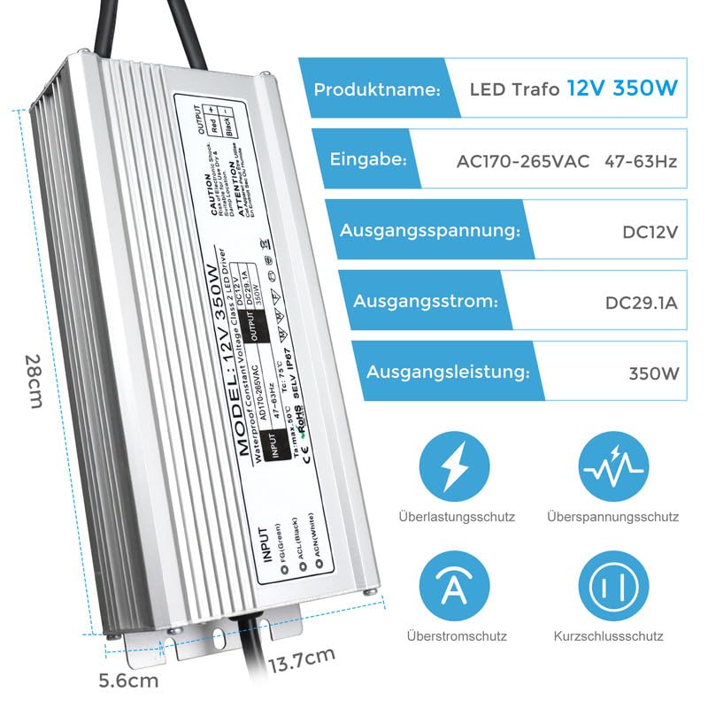Wasserdichtes 12-V-LED-Netzteil, 175–265 V Eingang, 200–500 W, Einzel-/Doppelkabelausgang, LED-Treiber für den Außenbereich, CE/RoHS/FCC – UK/EU-Stecker und Kabeloptionen