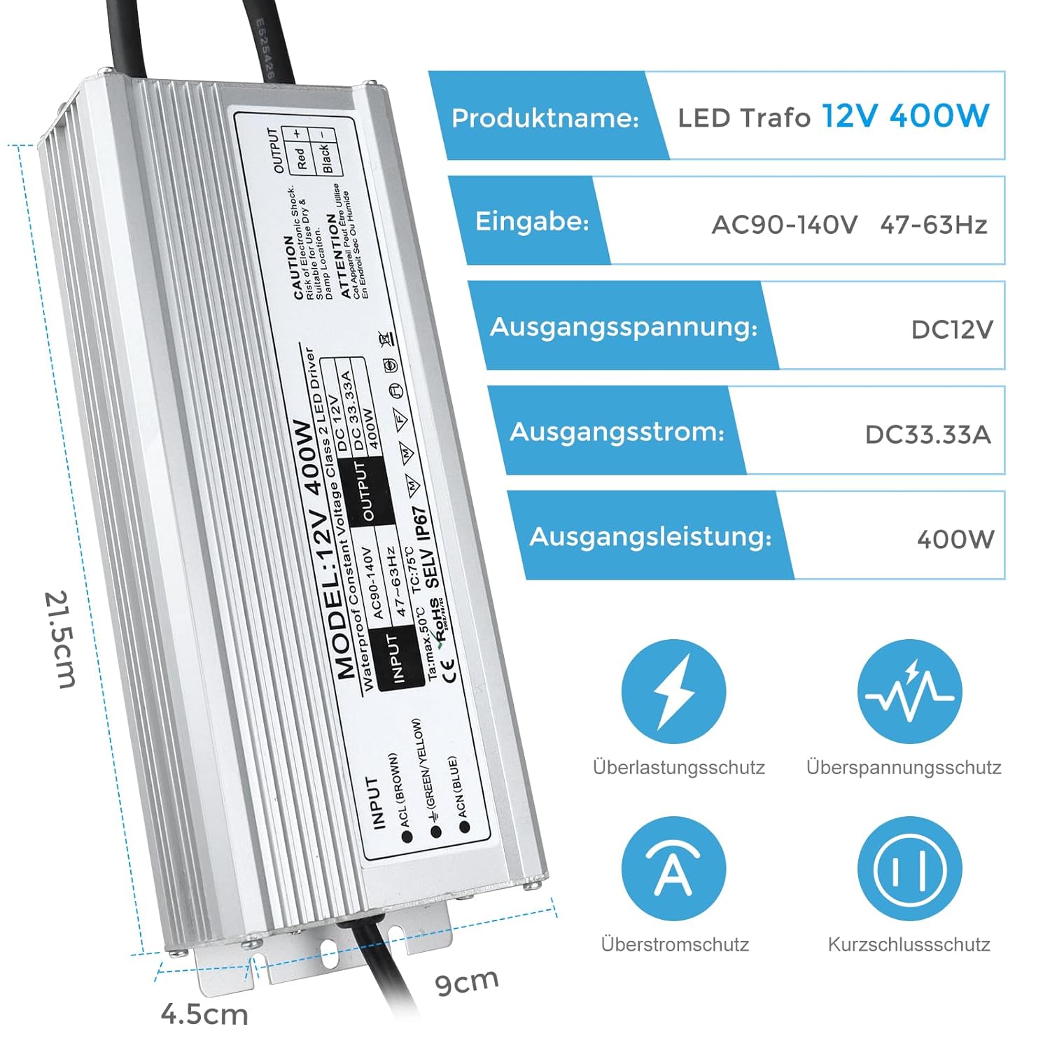 Wasserdichtes 12-V-LED-Netzteil, 175–265 V Eingang, 200–500 W, Einzel-/Doppelkabelausgang, LED-Treiber für den Außenbereich, CE/RoHS/FCC – UK/EU-Stecker und Kabeloptionen