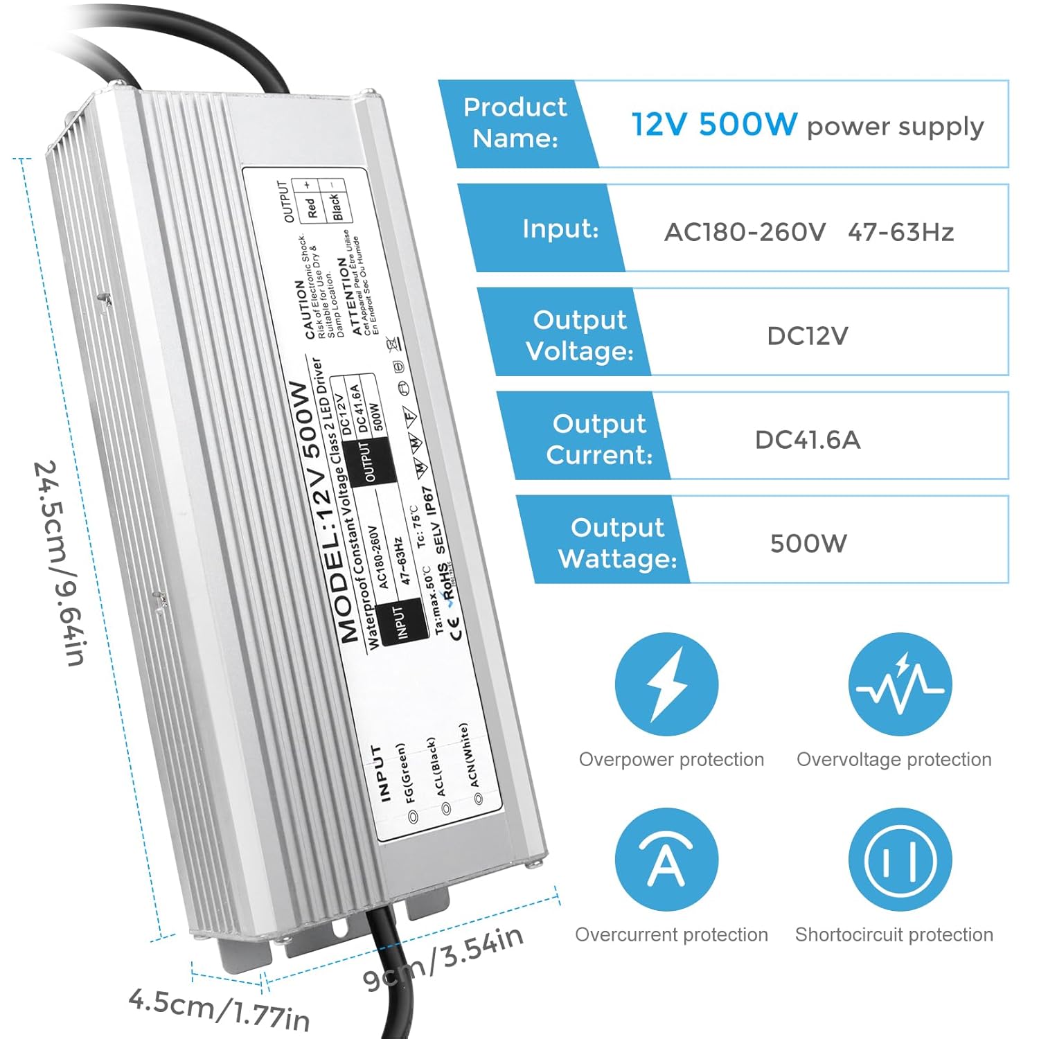 Wasserdichtes 12-V-LED-Netzteil, 175–265 V Eingang, 200–500 W, Einzel-/Doppelkabelausgang, LED-Treiber für den Außenbereich, CE/RoHS/FCC – UK/EU-Stecker und Kabeloptionen