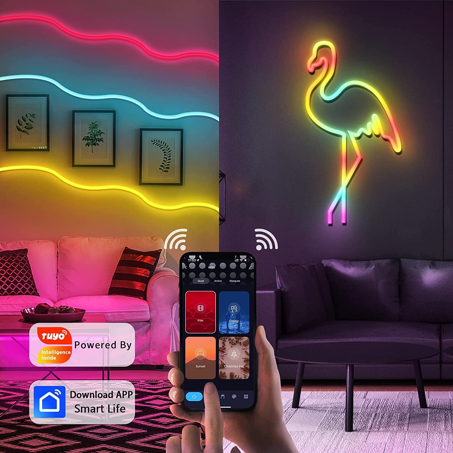 RGB Dream Color LED NEON Lichtstreifen-Set in 16,4 Fuß mit 300 LEDs, Beleuchtungsset mit APP-gesteuerter Sound-Active-Funktion, kabelloser Fernbedienung