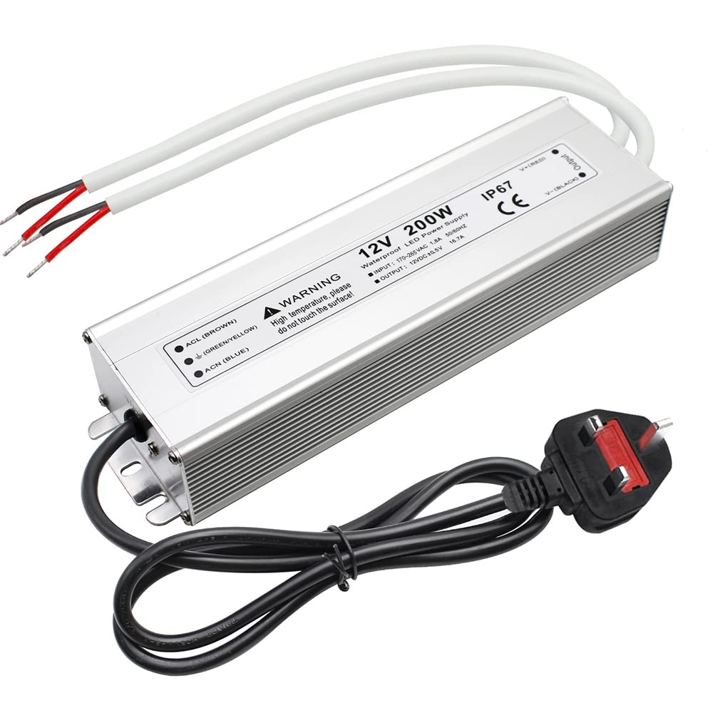 Alimentation LED étanche 12 V, entrée 175–265 V, 200–500 W, sortie simple/double fil, pilote LED extérieur, CE/RoHS/FCC — Options de fiches et de câbles UK/EU