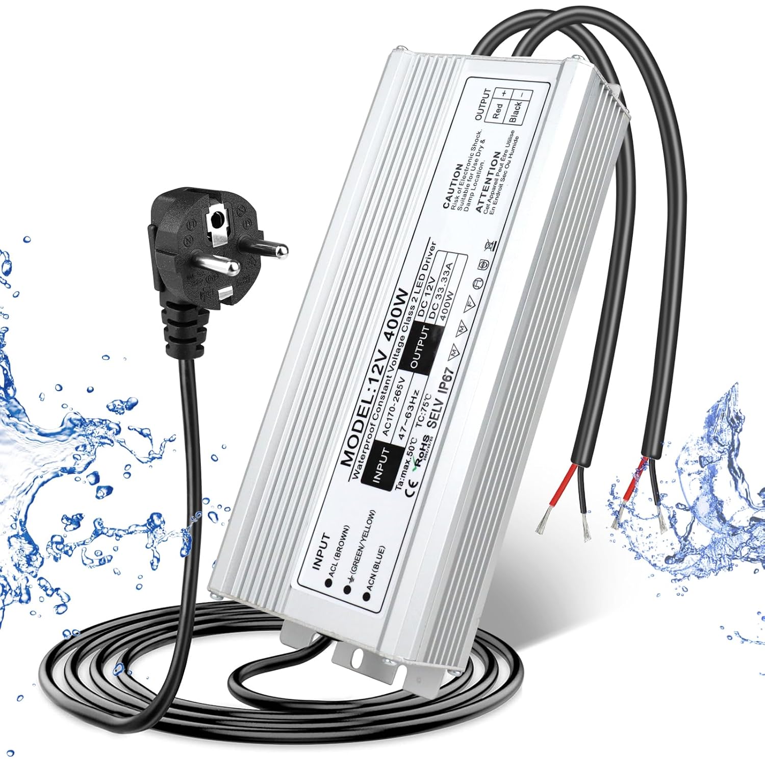 Wasserdichtes 12-V-LED-Netzteil, 175–265 V Eingang, 200–500 W, Einzel-/Doppelkabelausgang, LED-Treiber für den Außenbereich, CE/RoHS/FCC – UK/EU-Stecker und Kabeloptionen