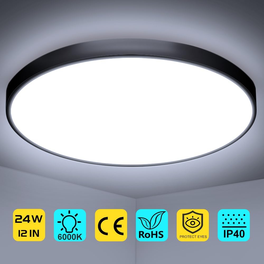 15.7 Inch Round LED Ceiling Light – 32W – Black – 3000K / 4500K / 5000K / 6500K – Flush Mount Ceiling Light for Home & Apartment Lighting – Local Stock (US/UK)