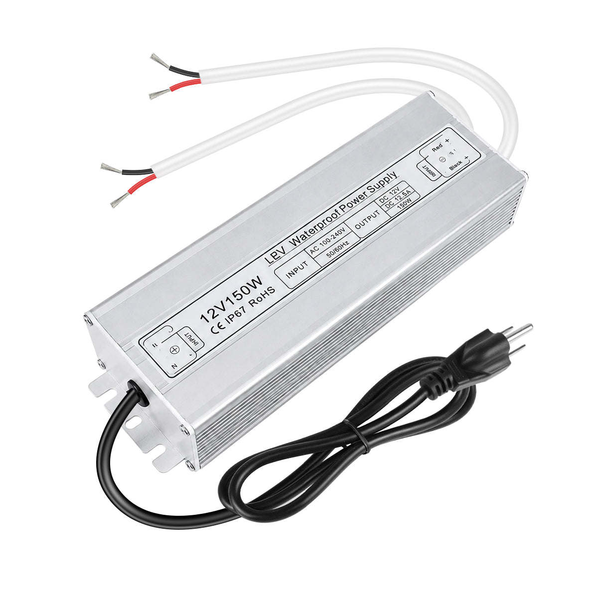 12V Waterproof LED Power Supply 30W–280W, 90–265V Input, Single/Dual Wire Output, Aluminum Housing, Outdoor LED Driver, CE/RoHS/FCC —US/UK/EU Plug & Wire Leads Options