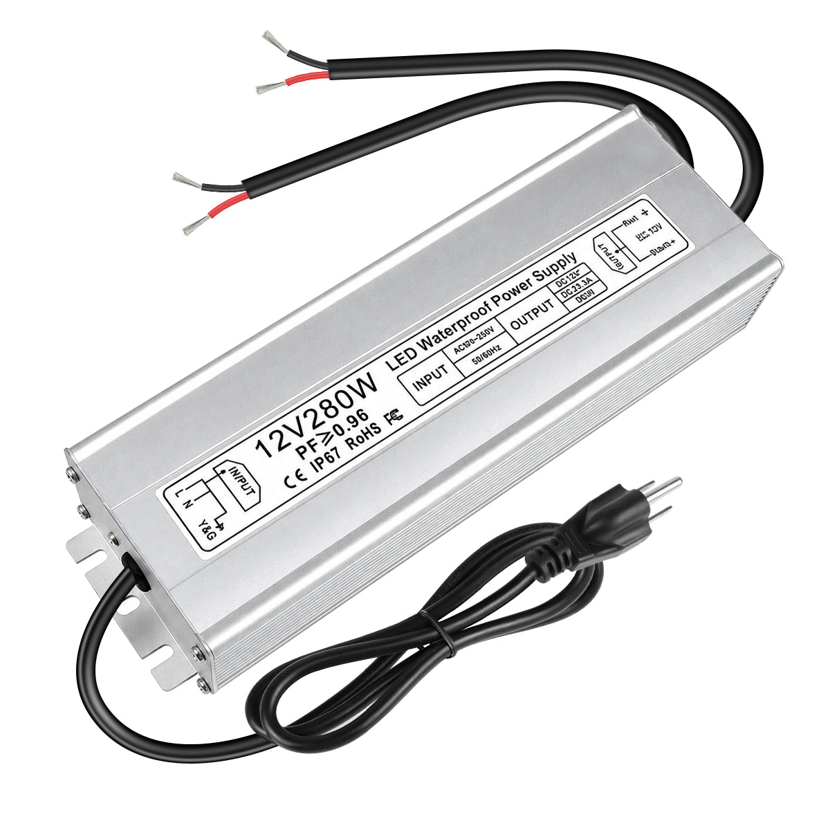 12V Waterproof LED Power Supply 30W–280W, 90–265V Input, Single/Dual Wire Output, Aluminum Housing, Outdoor LED Driver, CE/RoHS/FCC —US/UK/EU Plug & Wire Leads Options
