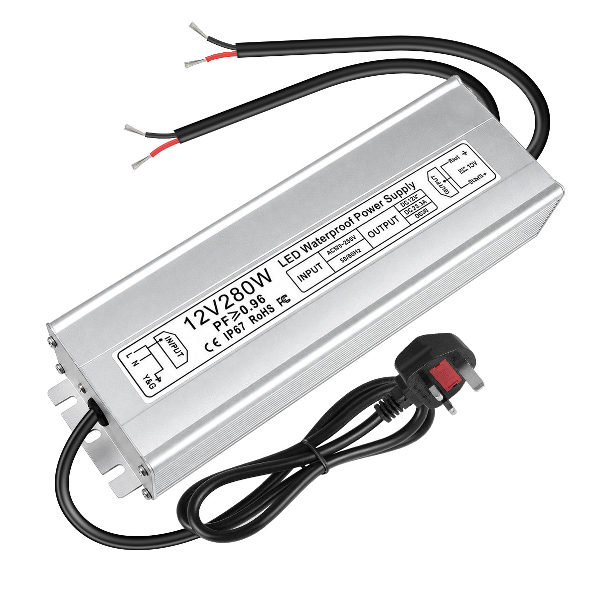 12V Waterproof LED Power Supply 30W–280W, 90–265V Input, Single/Dual Wire Output, Aluminum Housing, Outdoor LED Driver, CE/RoHS/FCC —US/UK/EU Plug & Wire Leads Options