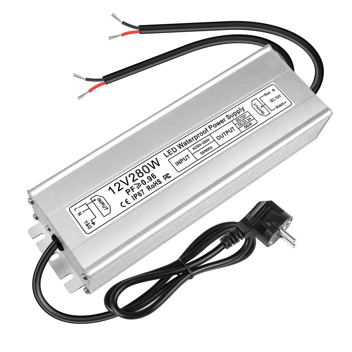 12V Waterproof LED Power Supply 30W–280W, 90–265V Input, Single/Dual Wire Output, Aluminum Housing, Outdoor LED Driver, CE/RoHS/FCC —US/UK/EU Plug & Wire Leads Options