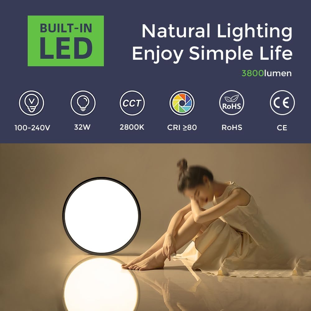 15.7 Inch Round LED Ceiling Light – 32W – Black – 3000K / 4500K / 5000K / 6500K – Flush Mount Ceiling Light for Home & Apartment Lighting – Local Stock (US/UK)