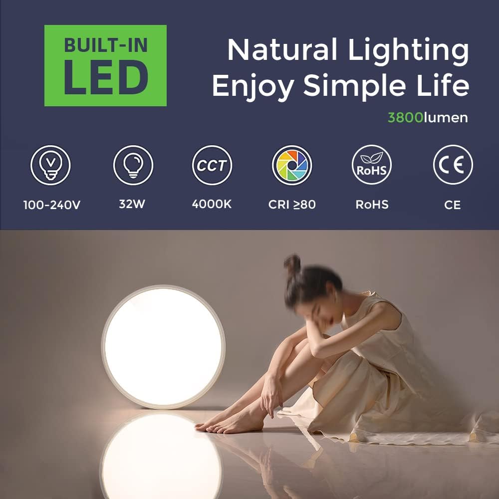 15.7 Inch Round LED Ceiling Light – 32W – Black – 3000K / 4500K / 5000K / 6500K – Flush Mount Ceiling Light for Home & Apartment Lighting – Local Stock (US/UK)