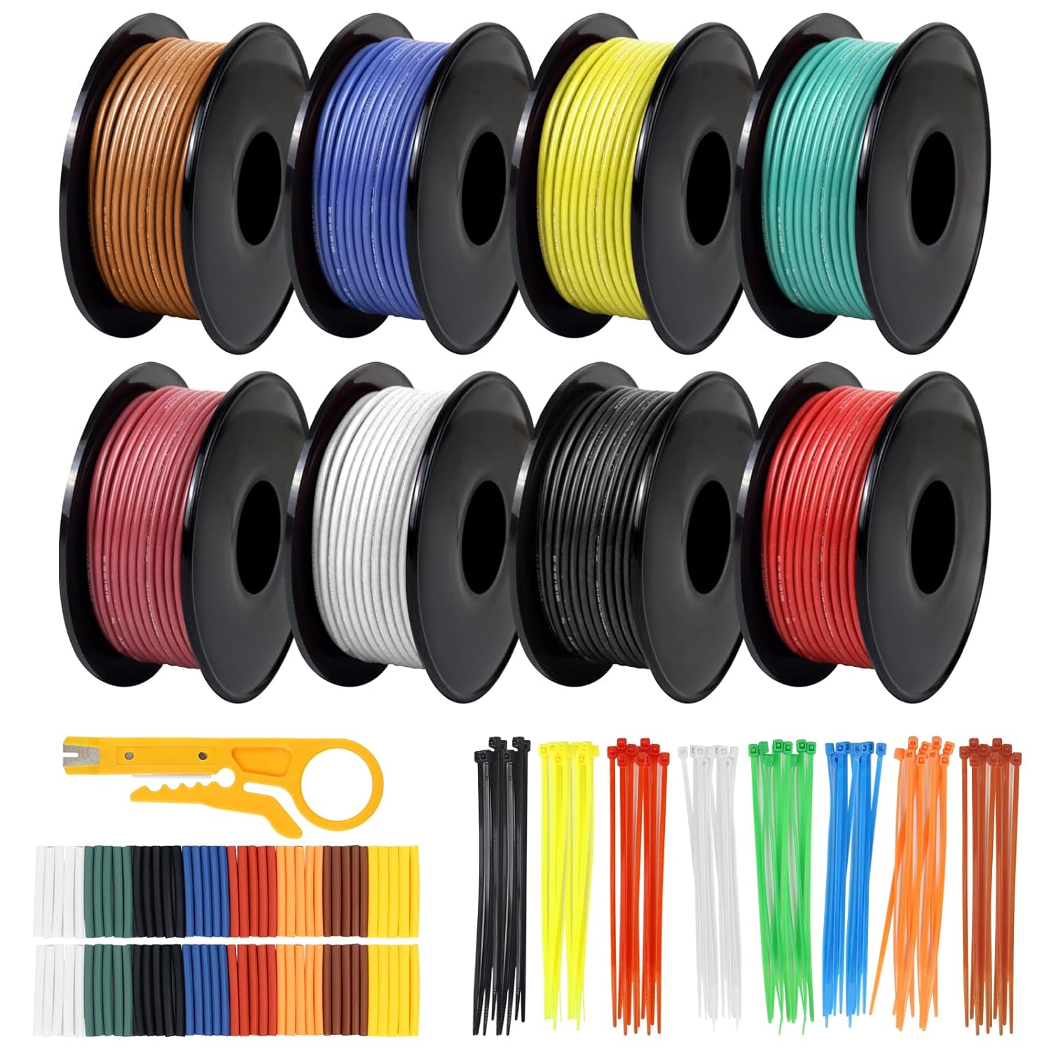 30 AWG Silicone Wire Spool Kit, Stranded Tinned Copper Electrical Hook Up Cable, 3m–15m Each Roll × 8 Colors, Flexible Heat Resistant Wire Set for Professional Electronics, LED, DIY Projects