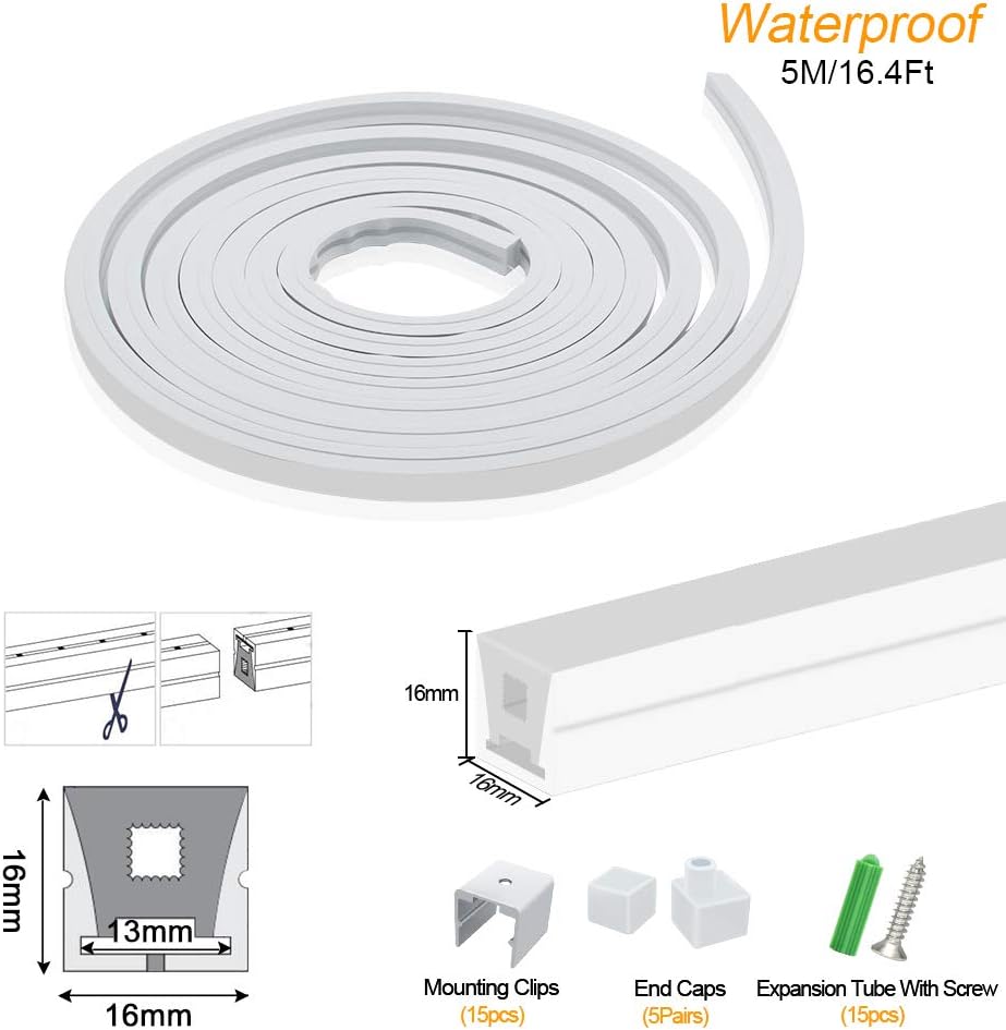 Neon Light Housing – S1616 | 16x16mm Silicone LED Channel System | IP67 Waterproof | 12mm PCB Width | 16.4FT/5M | Local Stock US/UK/DE