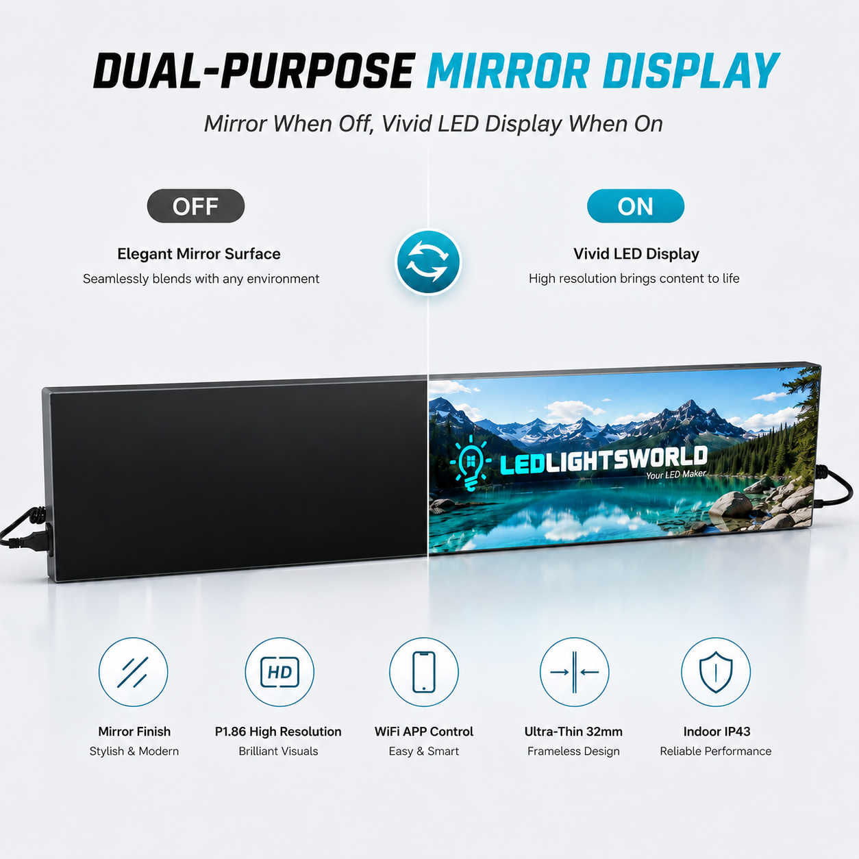 Présentoir LED sans cadre série FL – P1.86 · 160 × 960 mm | Écran LED finition miroir, s'intégrant parfaitement à la décoration moderne de votre magasin.