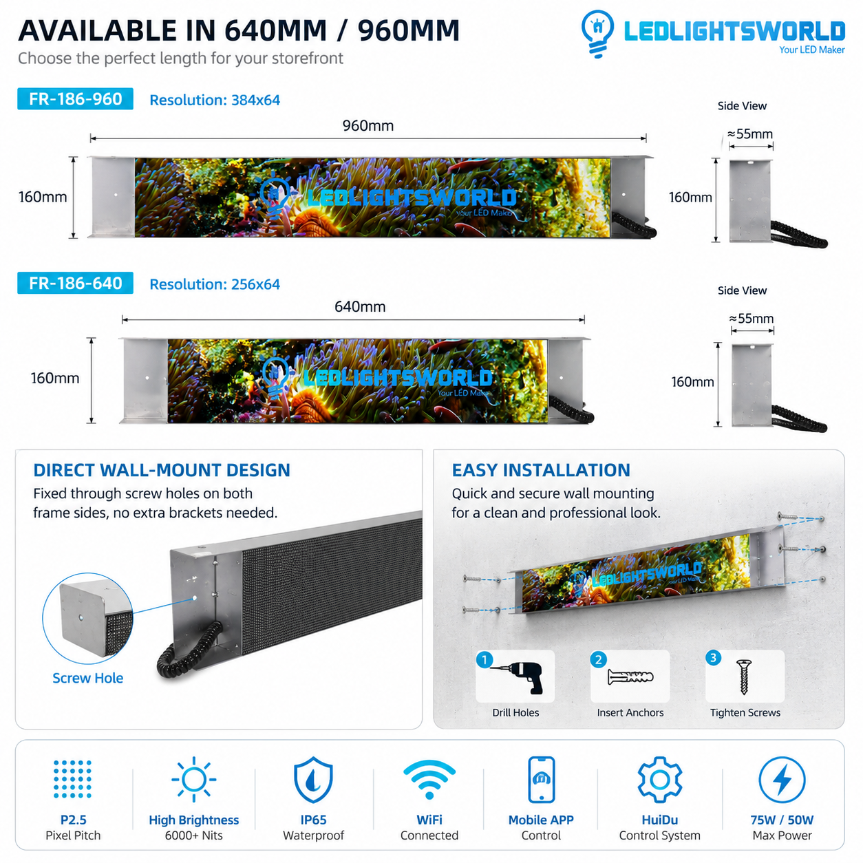 FR Series Framed Outdoor LED Shop Display – P2.5 · 160×960mm | Waterproof High-Brightness Screen for Storefronts & Building Exteriors