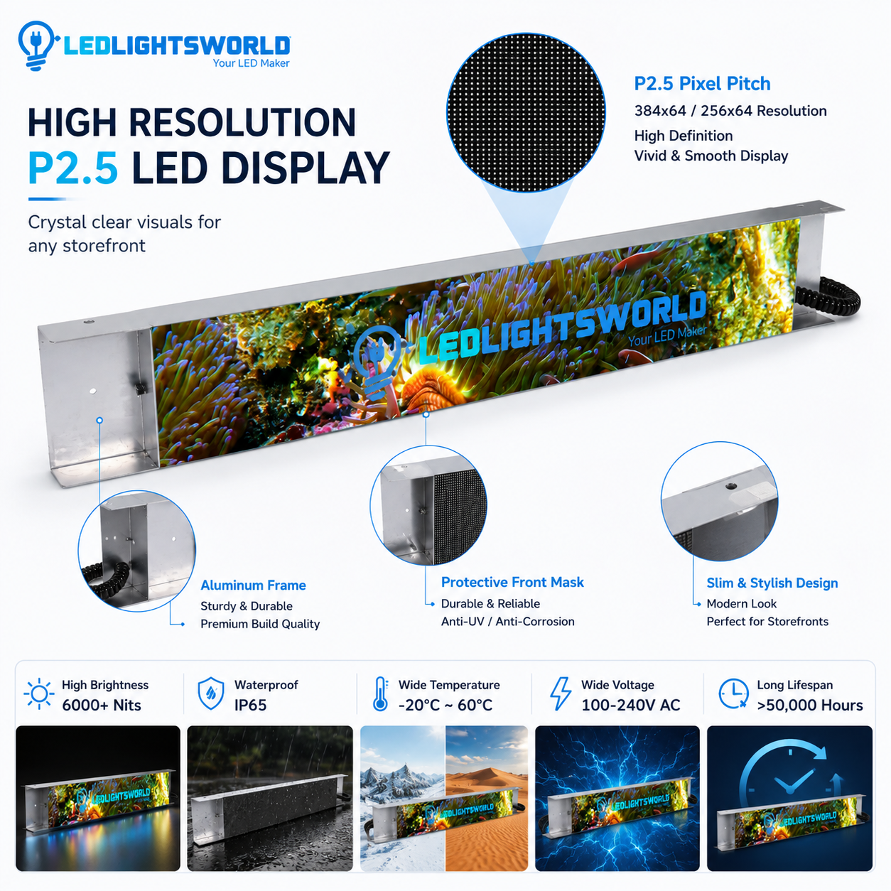 FR Series Framed Outdoor LED Shop Display – P2.5 · 160×960mm | Waterproof High-Brightness Screen for Storefronts & Building Exteriors