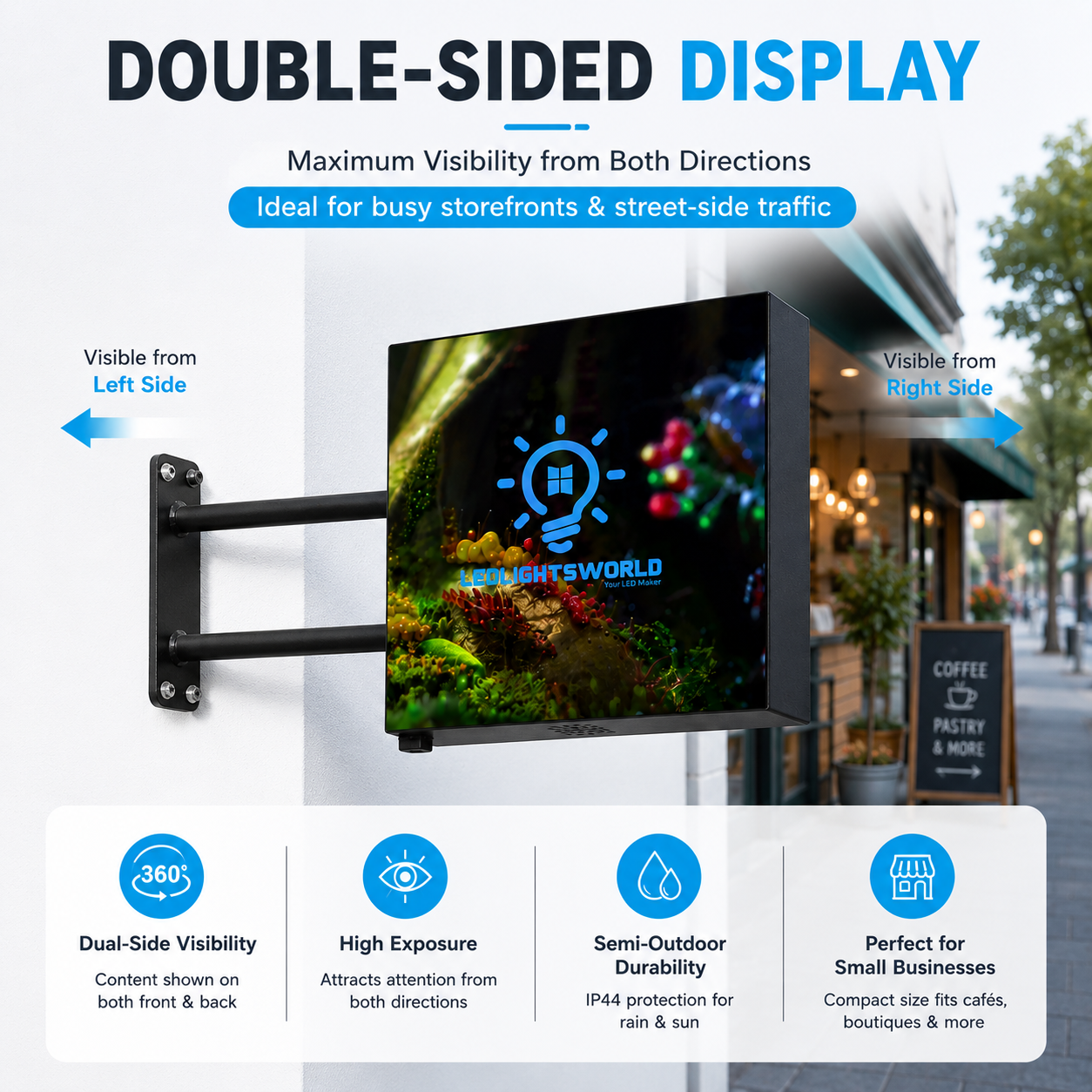 Doppelseitiges LED-Ladenschild der DS-Serie – P2.5 · 320×320 mm | Wasserdichtes Projektionsschild für Cafés, Boutiquen und kleine Geschäfte