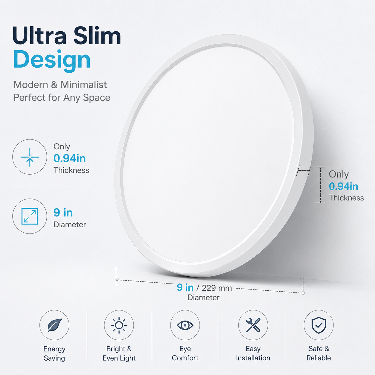 Runde 9-Zoll-LED-Deckenleuchte – 18 W – Weiß – 3000 K / 4500 K / 5000 K / 6500 K – Deckenleuchte zur Unterputzmontage – Lokaler Lagerbestand (USA/UK/DE)