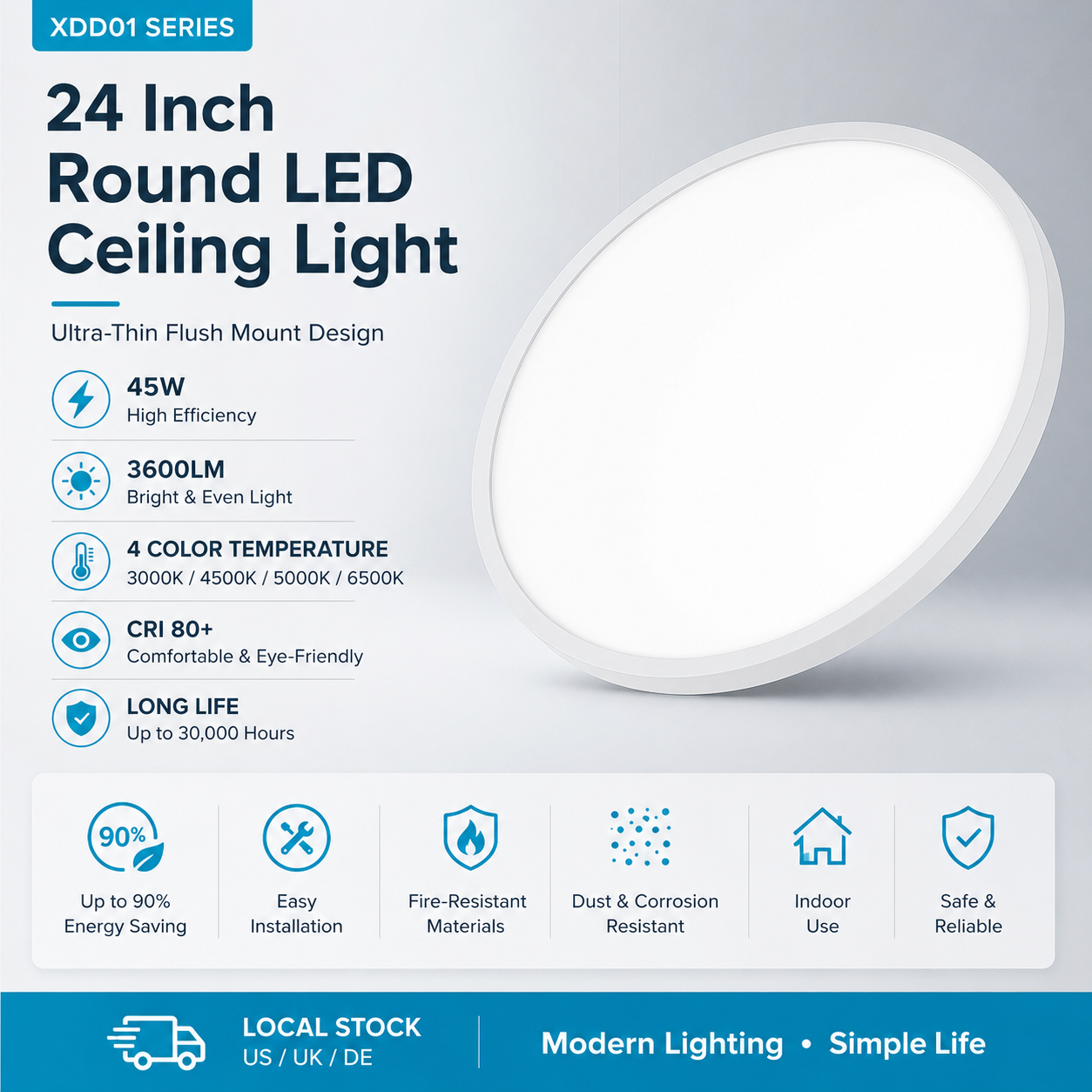 24 Inch Round LED Ceiling Light – 45W – White – 3000K / 4500K / 5000K / 6500K – Flush Mount Ceiling Light – Local Stock (US/UK)