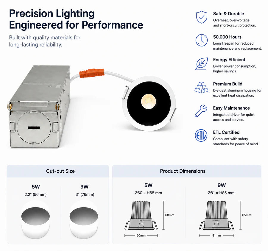 4er-Pack 3 Zoll dimmbares LED-Downlight mit schwarzem Rand, 5 W (entspricht 40 W Halogen), CRI80, LED-Deckenleuchte