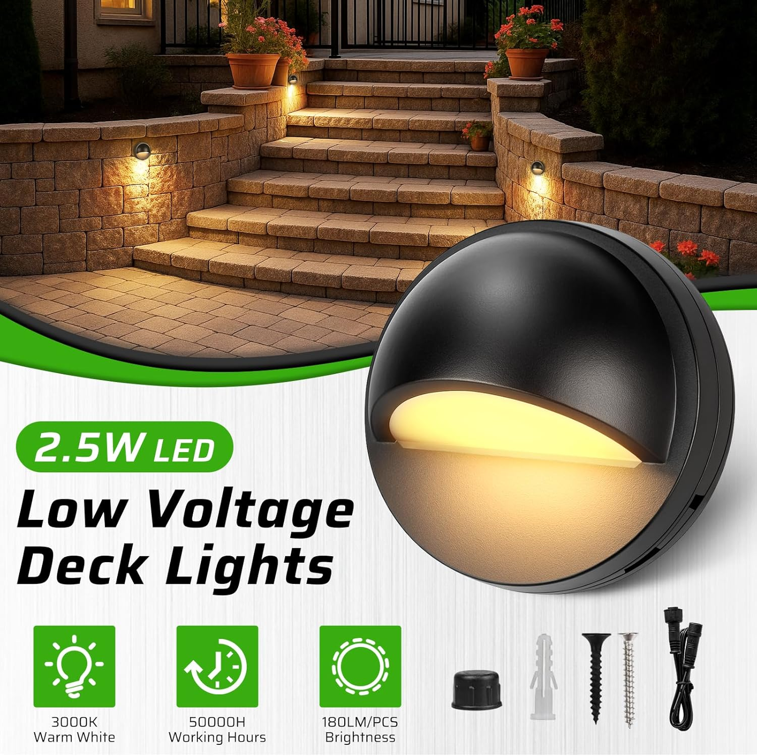 Low Voltage LED Deck Lights Kit - 6 / 8 Pack Fence Lights with Transformer Photocell Sensor | 3000K Warm White | IP67 Waterproof | Outdoor Lights for Walkway Stair Post Railing