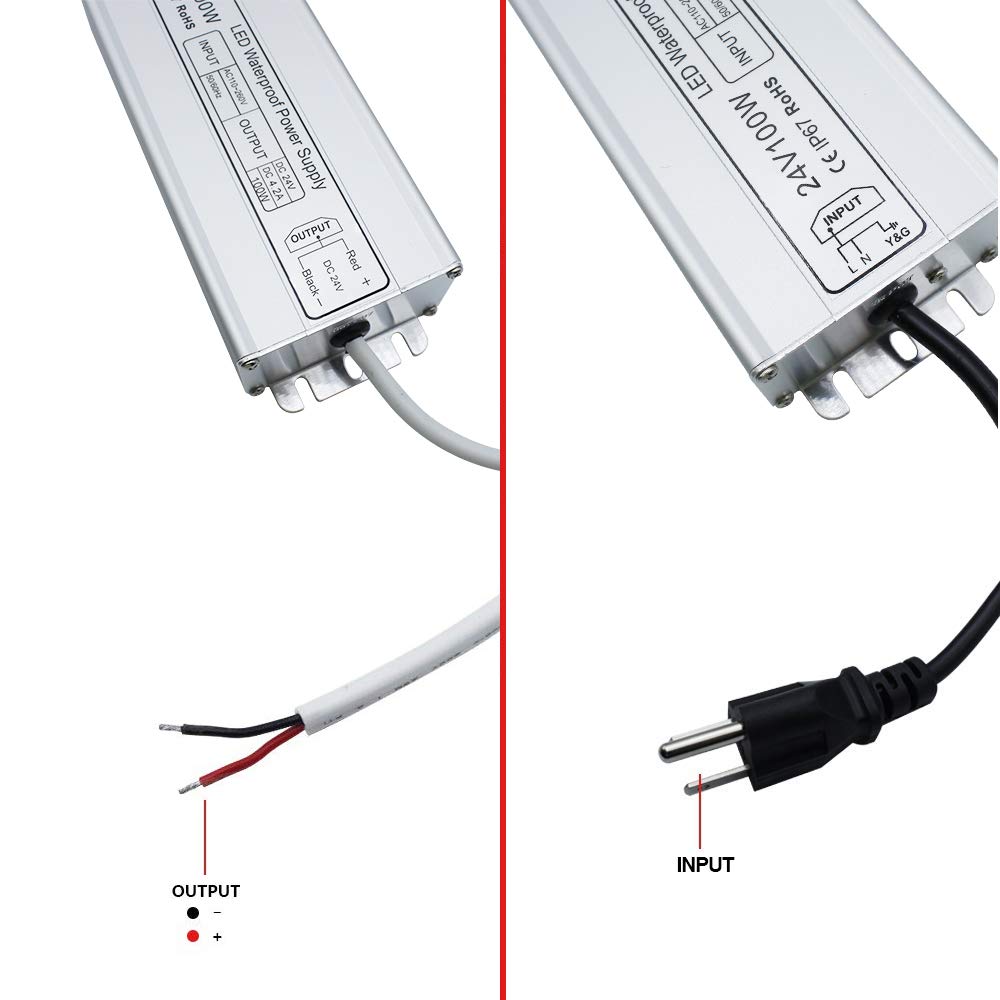 24V Waterproof LED Power Supply 30W–300W, 90–265V Input, Single/Dual Wire Output, Aluminum Housing, Outdoor LED Driver, CE/RoHS/FCC — US/UK/EU Plug & Wire Leads Options