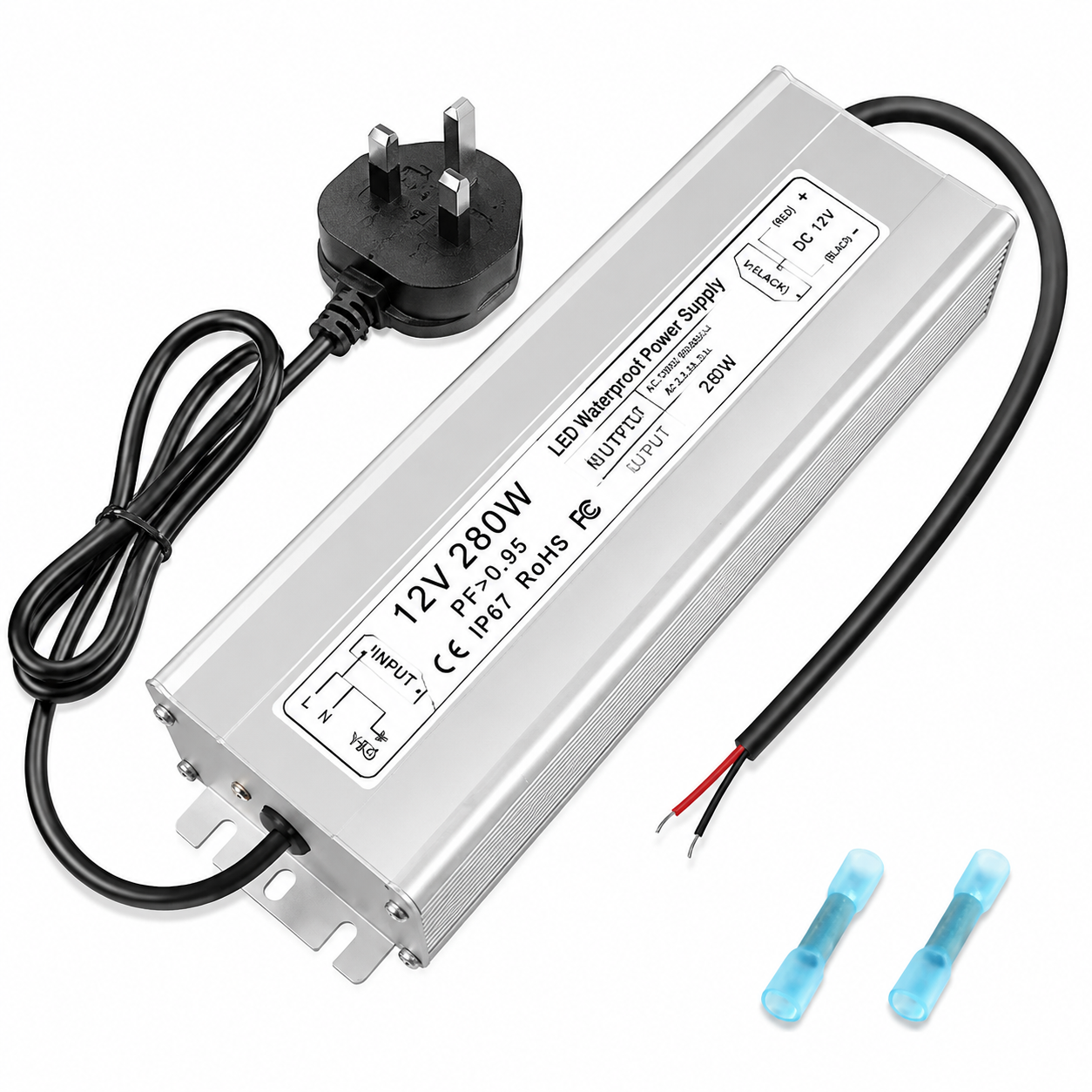 12V Waterproof LED Power Supply 30W–280W, 90–265V Input, Single/Dual Wire Output, Aluminum Housing, Outdoor LED Driver, CE/RoHS/FCC —US/UK/EU Plug & Wire Leads Options