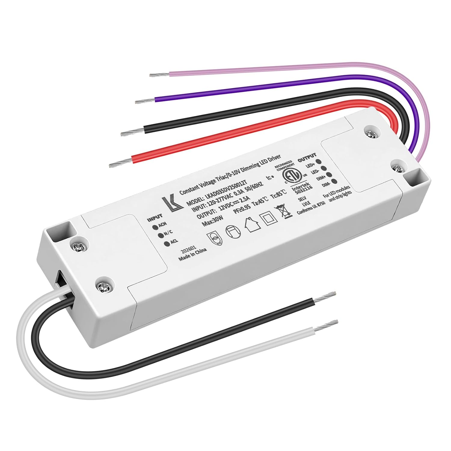 12V DC Plastic Case 5-in-1 Dimmable LED Power Supply, 30W/48W/100W, ETL Listed, AC 120–277V Input, Waterproof Driver for Traic/ELV/0-10V/PWM/Resistive Control, 1/10-Pack