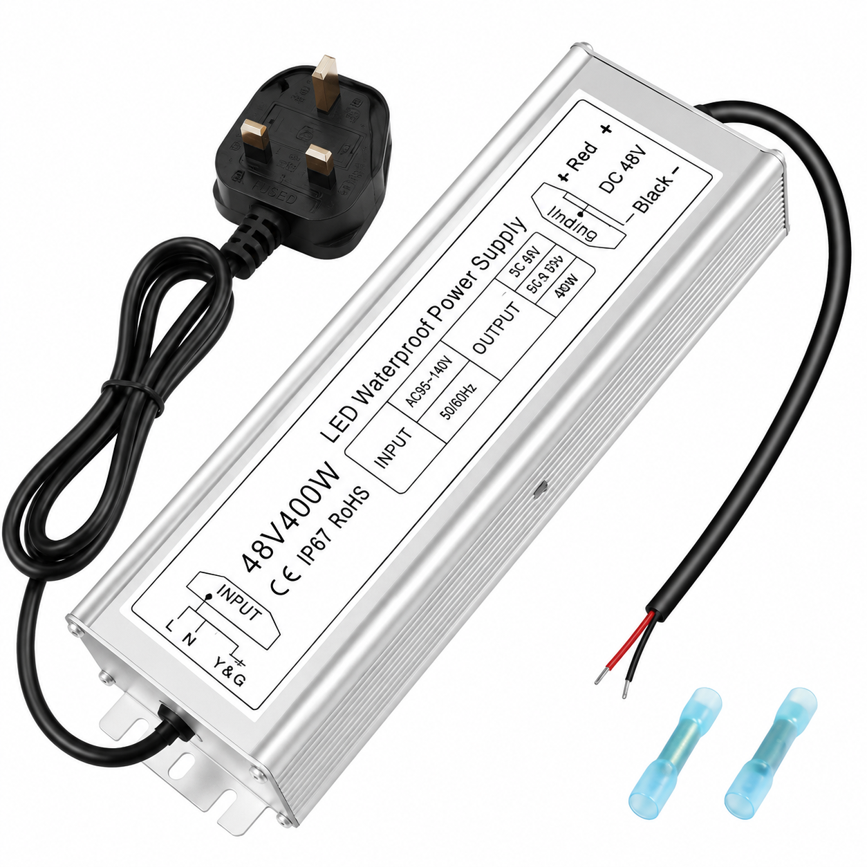 48V LED Power Supply, 175–265V Input, 100W–400W, Constant Voltage Transformer, Aluminum Housing, IP67 Waterproof SMPS, CE/RoHS/FCC — UK/EU Plug & Wire Leads Options