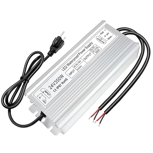 24V Waterproof LED Transformer, 90–140V Input, 200W–500W, Single/Dual Wire Output, CE/RoHS/FCC — US Plug & Wire Leads, Aluminum Housing, Outdoor Lighting Adapter
