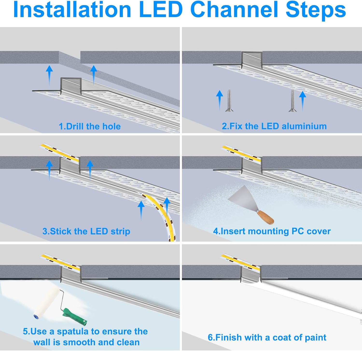 Doppelseitige LED-Aluminiumkanäle zum Eingipsen in Trockenbauwände – Passend für 1 bis 12 mm LED-Streifen | 1 Meter | Silber | Milchweiße Abdeckung | 1 / 2 / 3 Meter | Silber | Milchweiße Abdeckung | 50 / 100 -Packung