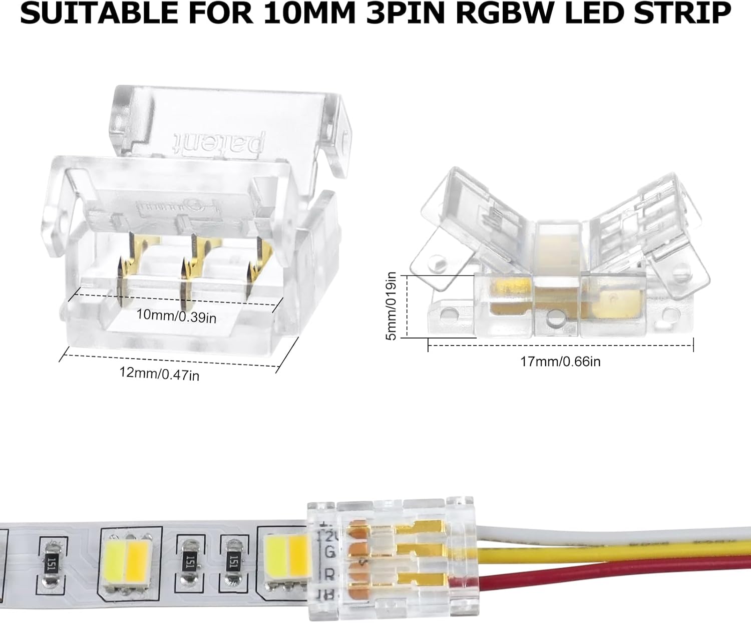 Connecteurs pour bande LED en cristal transparent – Clips sans soudure 10 mm 3 broches | Adaptateur bande à fil / bande à bande / CC – Vente en gros, 500 pièces, MOQ | Direct usine