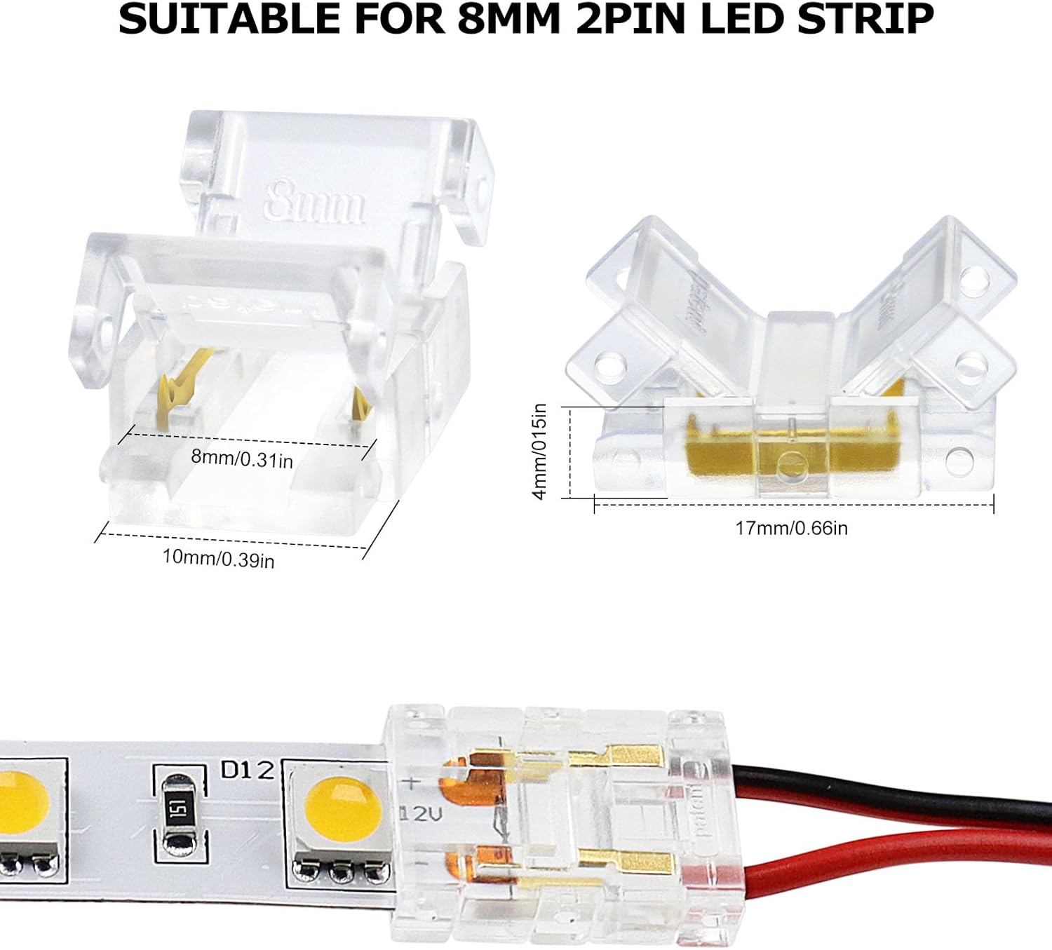 Connecteurs pour bandes LED transparentes en cristal – Clips sans soudure 8 mm 2 broches | Adaptateur bande à fil / bande à bande / CC / L – Stock local États-Unis/Royaume-Uni