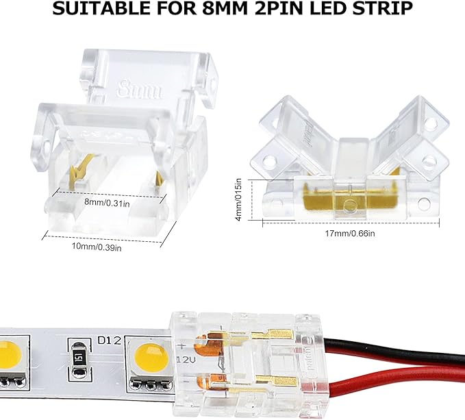 Transparente Kristall-LED-Streifenverbinder – 8 mm 2-polige lötfreie Clips | Streifen zu Kabel / Streifen zu Streifen / DC-Adapter / L – Großhandel 500 Stück MOQ | Direkt ab Werk