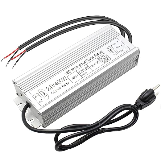 24V Waterproof LED Transformer, 90–140V Input, 200W–500W, Single/Dual Wire Output, CE/RoHS/FCC — US Plug & Wire Leads, Aluminum Housing, Outdoor Lighting Adapter