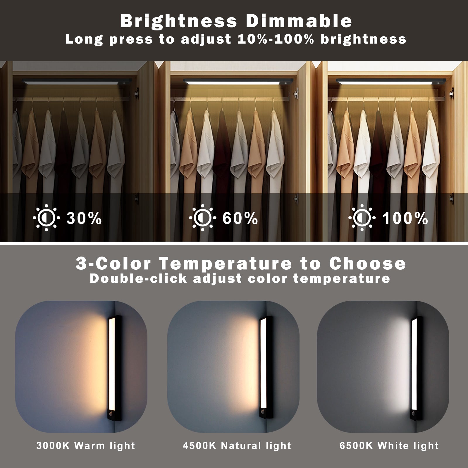 2er-Pack wiederaufladbare Unterschrankleuchten – 10" / 12,7" | 3 CCT (3000 K/4000 K/6000 K) | Bewegungssensor und Touch-Dimmung | Schlankes magnetisches Design | Schwarzes Finish