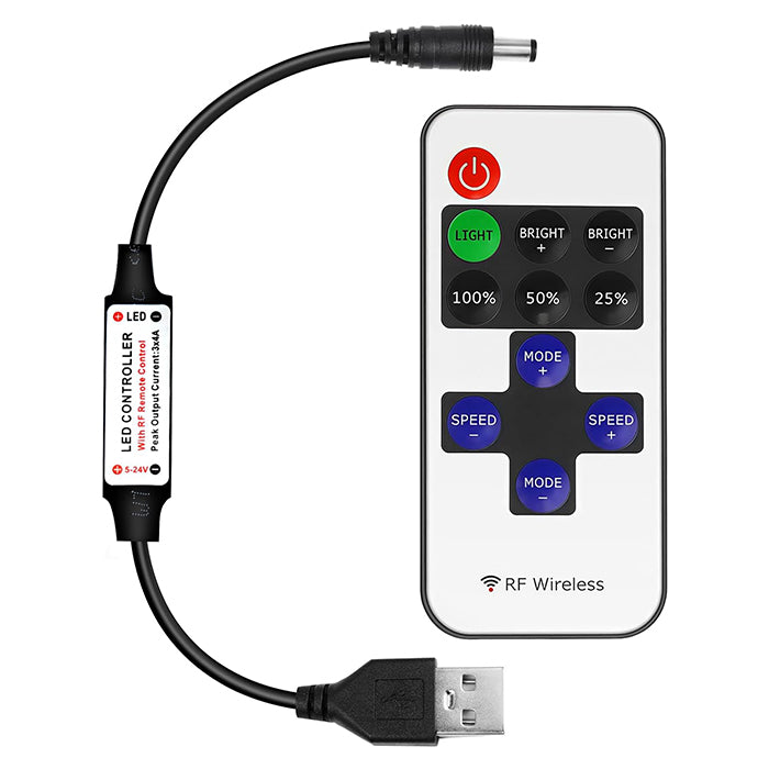 LED Strip Controller – 5V/24V – Black RF Remote with Dimmer Function | For Single Color 5050/3528 Strips