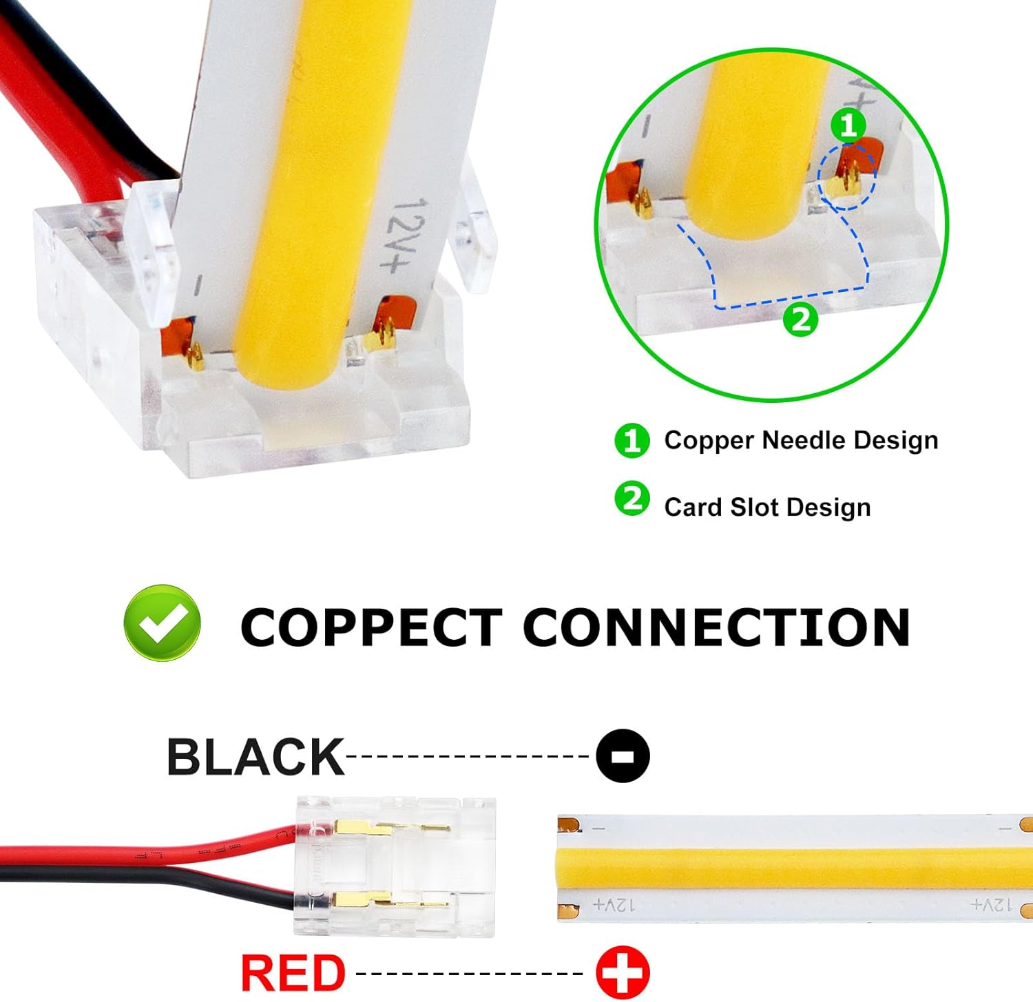 Connecteurs pour bande LED en cristal transparent – Clips sans soudure 10 mm 2 broches | Adaptateur bande à fil / bande à bande / CC – Vente en gros, 500 pièces, MOQ | Direct usine
