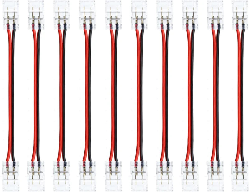 Connecteurs pour bande LED en cristal transparent – Clips sans soudure 10 mm 2 broches | Adaptateur bande à fil / bande à bande / CC – Vente en gros, 500 pièces, MOQ | Direct usine