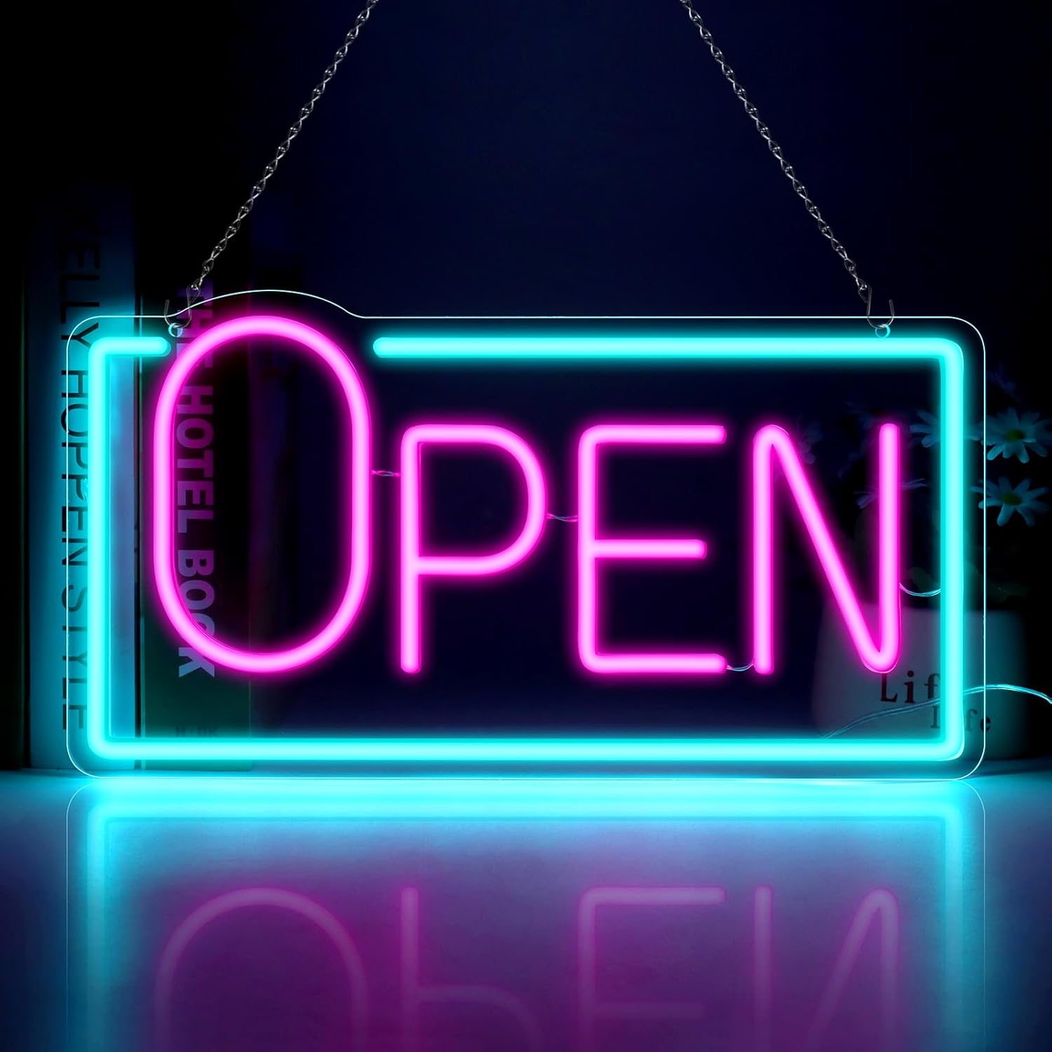 OPEN Neon Sign – Big “O” Style | 5 Glow Color Options | 17×9 inch (42×22 cm) | Window Hanging | Plug & Play for Storefronts