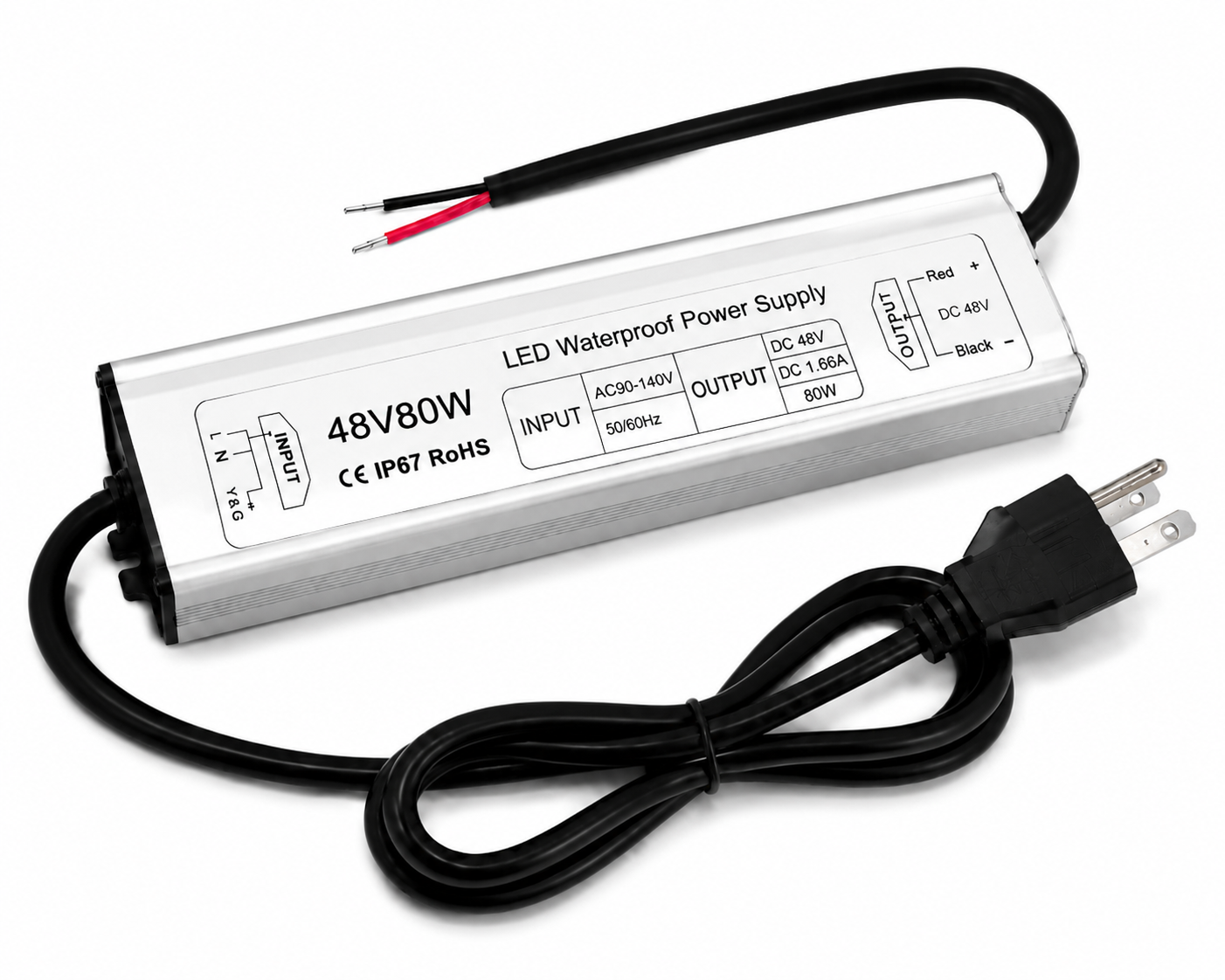 Alimentation LED étanche 48 V 60 W–80 W, entrée 90–265 V CA, transformateur de sortie simple, alimentation à découpage IP67, CE/RoHS/FCC — Options de fiches et de câbles US/UK/EU
