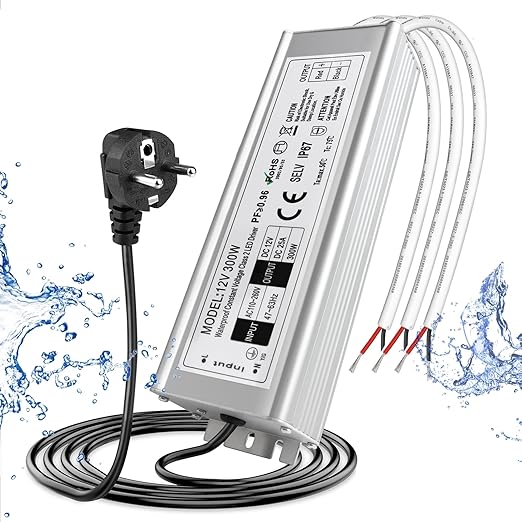 12V Waterproof LED Power Supply 300W, 90–265V Input, Single/Dual/Triple Wire Output, Aluminum Housing, Outdoor LED Driver, CE/RoHS/FCC —US/UK/EU Plug & Wire Leads Options